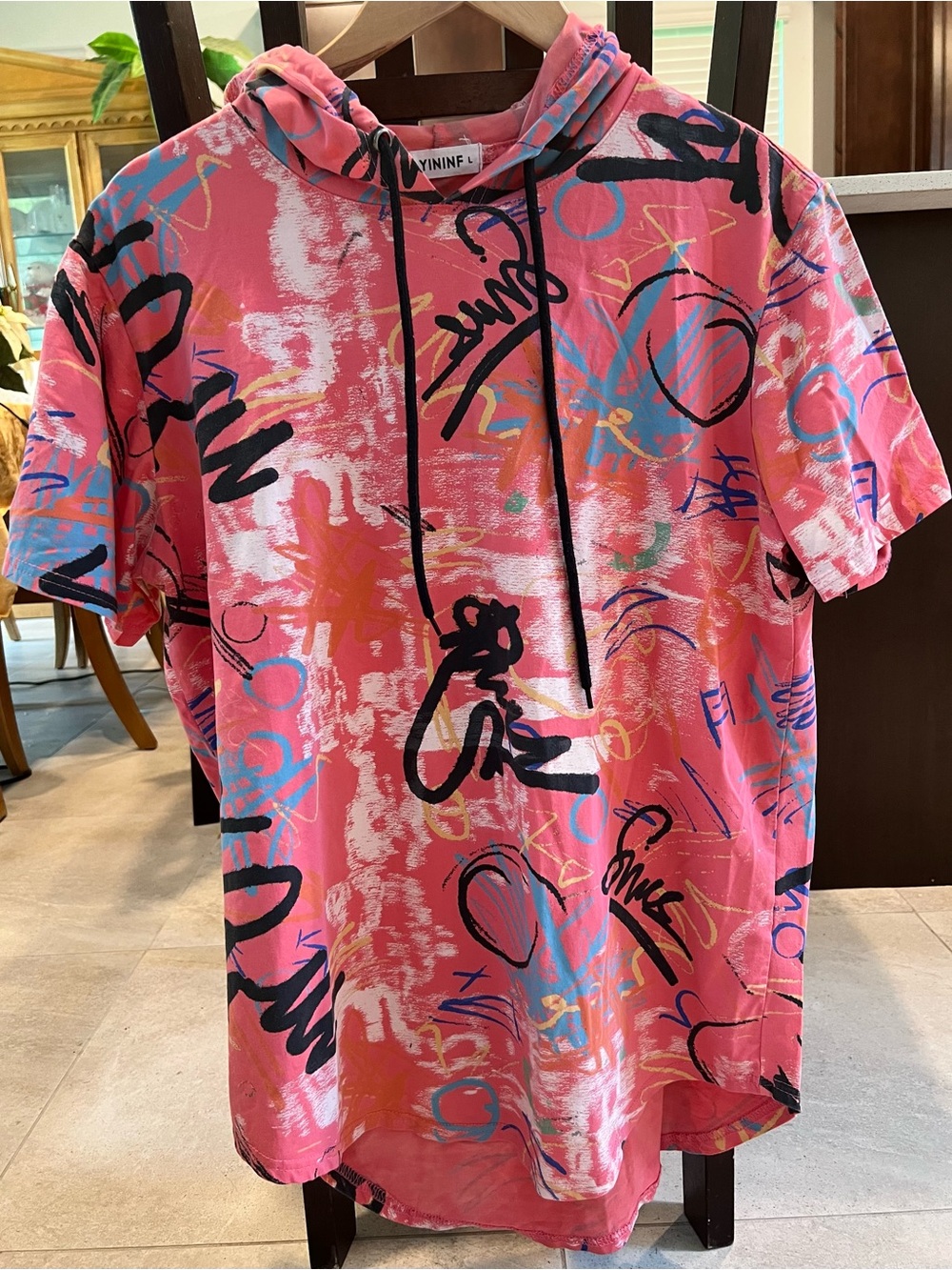YININF Graffiti Print Short Sleeve Hoodie Coral Pink Street Art Size L Men's